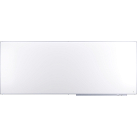 Groot, wit whiteboard met zilveren frame en plank.