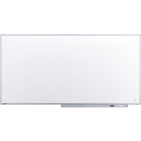 Groot, wit whiteboard met een zilveren frame. Een plankje voor pennen onderaan, een klein logo rechts.