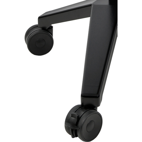 Gros plan sur les roulettes et les pieds noirs d'une chaise de bureau. L'image montre les détails de la construction.