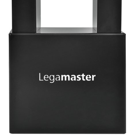 Un pupitre de présentation Legamaster noir. Deux colonnes en haut, avec le mot "Legamaster" en dessous.