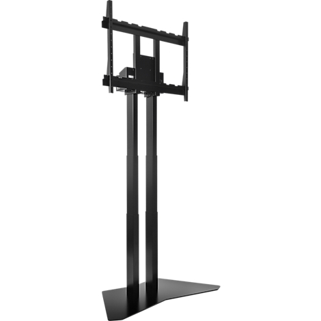 Support TV noir composé d'une base rectangulaire, de deux colonnes verticales et d'un support pour maintenir le téléviseur.