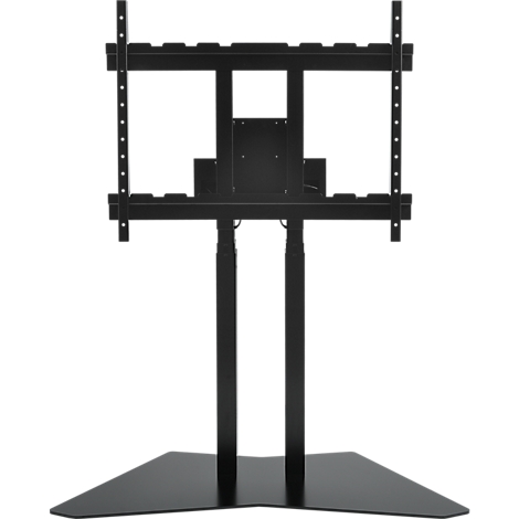 Support TV noir, composé de deux colonnes verticales, d'une base triangulaire et d'un support pour fixer le téléviseur.