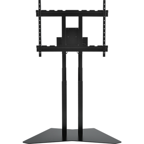 Support TV noir avec hauteur réglable et base rectangulaire.