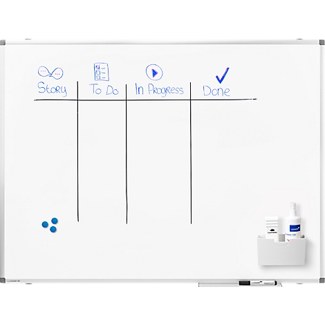 Tableau Kanban blanc avec catégories : Story, To Do, In Progress, Done. Colle, porte-stylo et aimants.