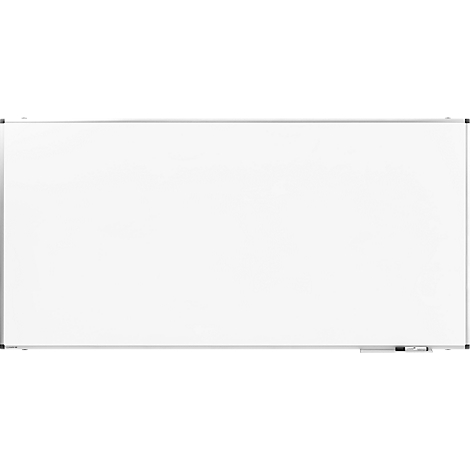 Grand tableau magnétique rectangulaire blanc avec un cadre argenté. Stylos et éponge sont prêts.
