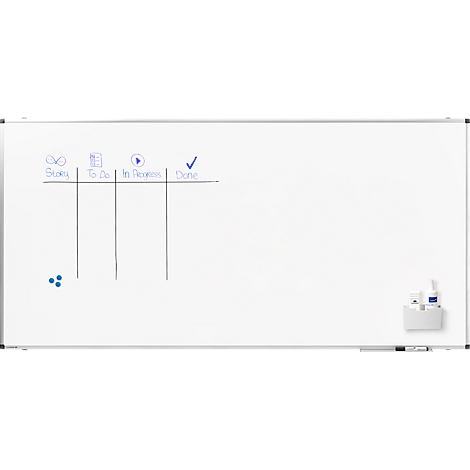 Tableau Kanban blanc avec colonnes pour Story, To Do, In Progress et Done. Quelques stylos bleus et un porte-stylo sont présents.