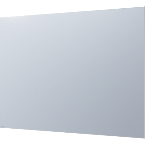 Grande plaque de verre rectangulaire gris clair. Un petit logo en bas à droite.