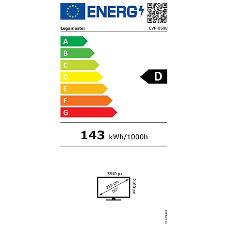 Energielabel van een tv. Energie-efficiëntieklasse D. Verbruik 143 kWh/1000h. Grootte 86 inch, 219 cm.