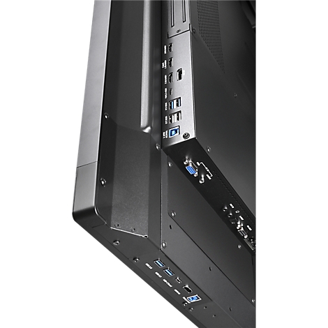 Nahaufnahme der Rückseite eines schwarzen Bildschirms mit verschiedenen Anschlüssen, wie USB, HDMI und VGA.