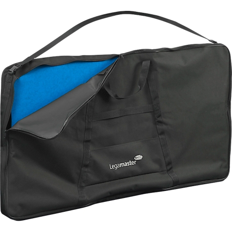 Black carrying bag with blue interior and zipper, brand Legamaster.