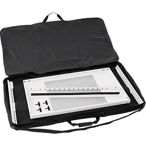 Black carrying case, open, with white frame and accessories. There is a carrying handle on top.