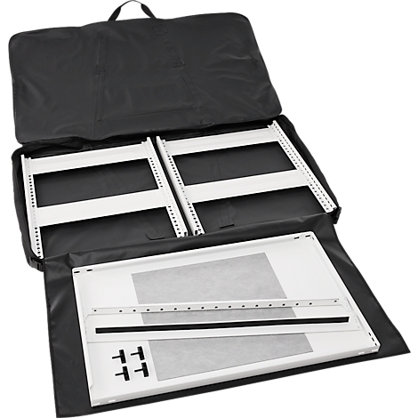 A black carrying bag with accessories. Included are two metal frames and a white board with additional parts.