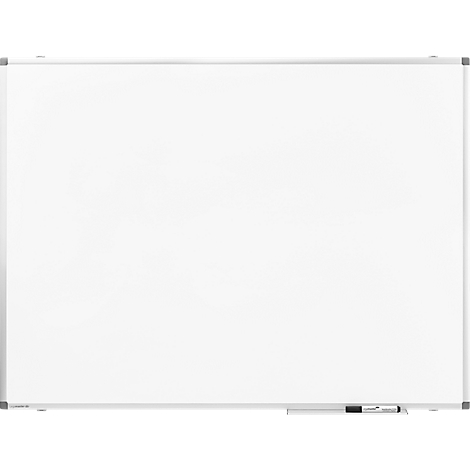 Weißes Whiteboard mit silbernem Rahmen und Stift.