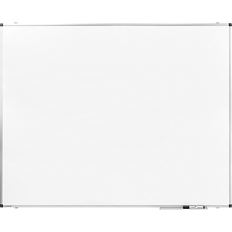 Weißes Whiteboard mit silbernem Rahmen. Unten rechts liegen ein Schwamm und ein Stift.