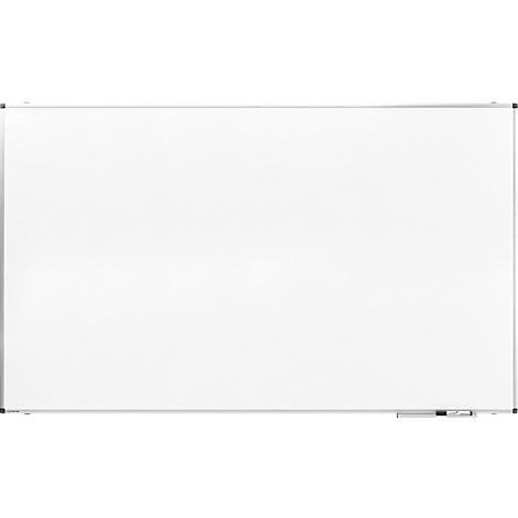 Große, weiße Magnettafel mit silbernem Rahmen. Ein Stift und ein Schwamm liegen rechts unten.