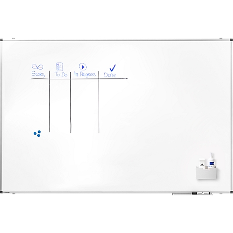 Wit whiteboard met blauwe letters. Kanban board met kolommen voor Story, To Do, In Progress, Done. Magneten en penhouder.