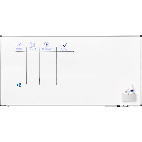 Wit Kanbanbord met kolommen voor Story, To Do, In Progress en Done. Blauwe markers en magneten.