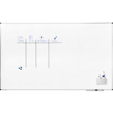 Whiteboard met blauw gemarkeerde fasen en organisatietool.