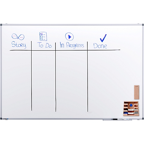 Whiteboard met Kanban-structuur. Boven: Story, To Do, In Progress en Done. Onder: spons en pennenhouder.