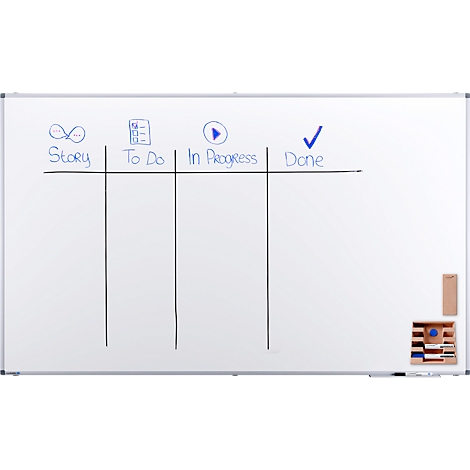 Whiteboard met een Kanban board-indeling. De kolommen zijn gelabeld: Story, To Do, In Progress en Done. Een blauw vinkje geeft 'Done' aan.