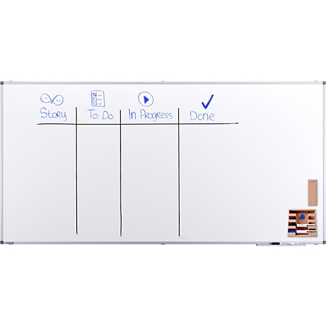 Whiteboard met kolommen: Story, To Do, In Progress, Done. Een vinkje markeert "Done".
