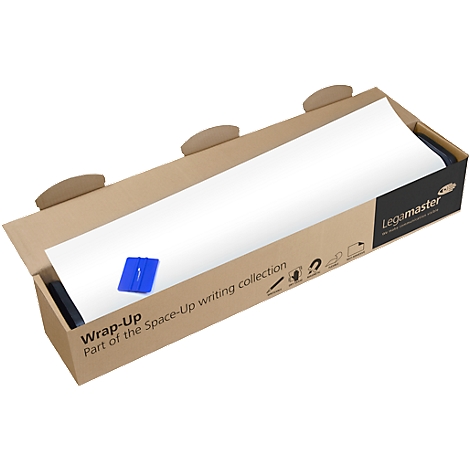 Whiteboard in a brown cardboard box with blue accessories.