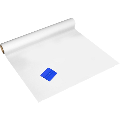 A white roll of paper with a blue squeegee. The paper is spread out in front of the roll.