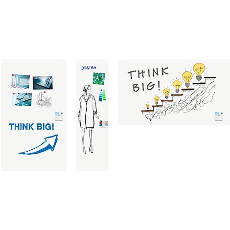 Various sketches and drawings with the text "THINK BIG!". A staircase with light bulbs, a woman in a coat.