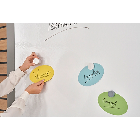 Hands attaching a yellow note with the word 'Vision' to a white board. Other notes are also attached to the board.