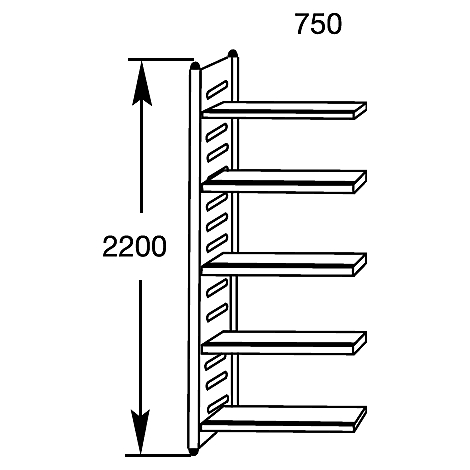Schets van een plank met vier niveaus. Afmetingen: Hoogte 2200 mm, breedte 750 mm.