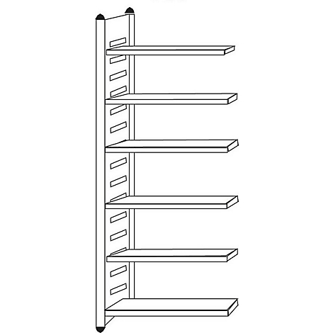 Zwart-wit lijntekening van een wandplank met zes boven elkaar geplaatste schappen.
