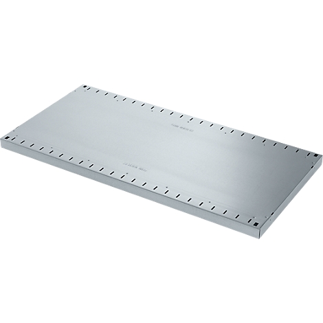 Een rechthoekige, zilverkleurige metalen plaat met rechthoekige gaten langs de randen. Er staat tekst op de plaat.