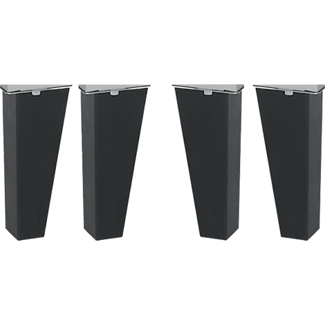 Four black, trapezoidal furniture legs with silver lids.