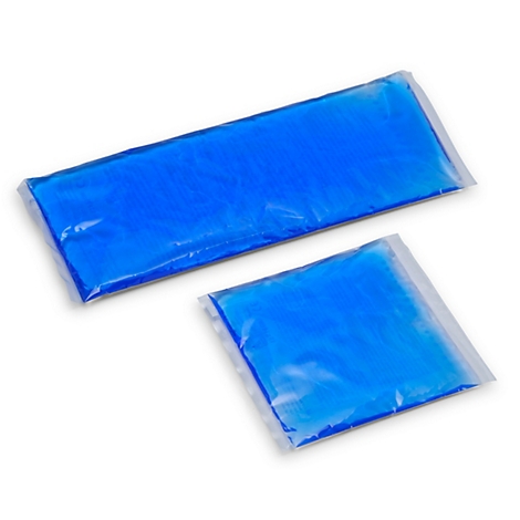 Zwei blaue Gel-Kühlpacks in unterschiedlichen Größen auf weißem Hintergrund.