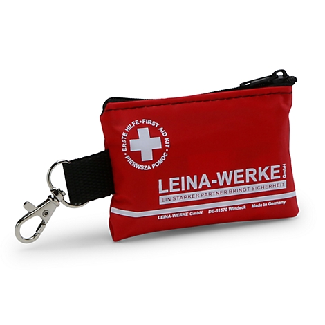 Pochette de premiers secours rouge Leina-Werke avec logo blanc et mousqueton sur fond blanc.