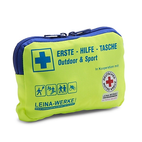 Trousse de premiers secours compacte jaune fluo pour le sport et l'extérieur avec fermeture éclair bleue.