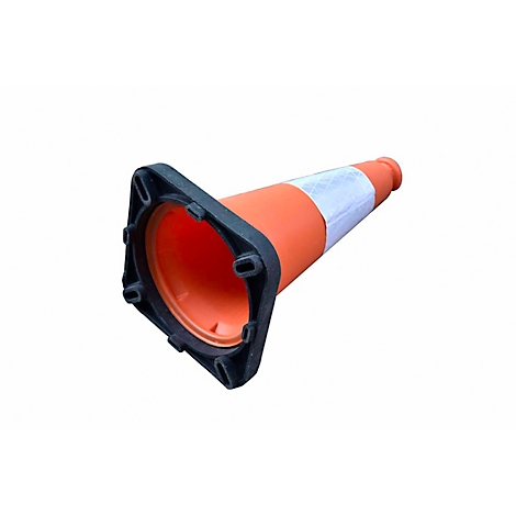 Ein orangefarbener Verkehrskegel mit schwarzem Standfuss, liegend auf weissem Hintergrund.