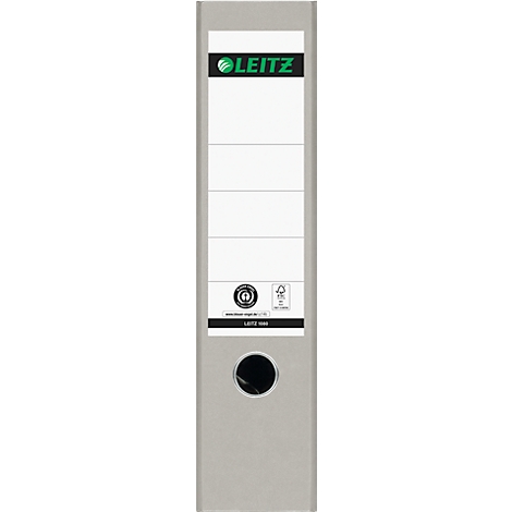 Carpeta Leitz gris, con etiqueta blanca y logo. Asa negra.