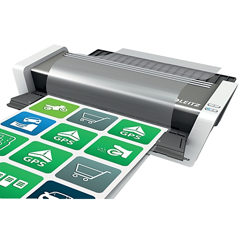 Ein Laminiergerät mit Leitz-Logo laminiert eine Seite mit Symbolen. Die Seite zeigt grüne und blaue Quadrate mit weißen Icons.