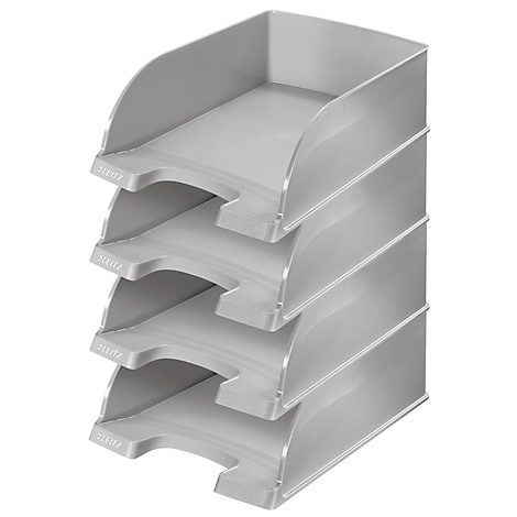 Grauer, gestapelter Briefkorb-Organizer mit vier Ebenen. Leitz-Logo auf jeder Ebene.