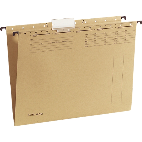 Beige hanging file folder with labeling fields and black holders. Inscription: Leitz Alpha.