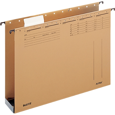 Beige hanging file with black metal hangers. Printed numbers and labels. The Leitz logo is visible.