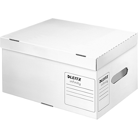 White Leitz Infinity archive box with handle hole and label. The box says "LEITZ infinity".