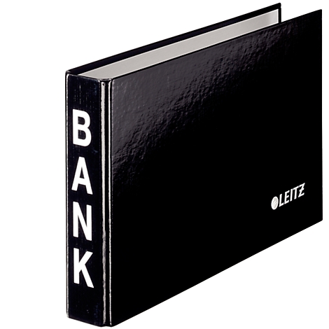 Black binder with the letters BANK. Leitz logo on the bottom right. Opened book with white pages.