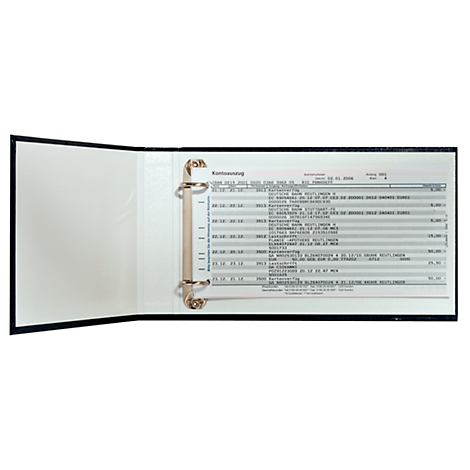 An open black binder with a sheet of paper containing tables and text. The binder has gold-colored metal rings.
