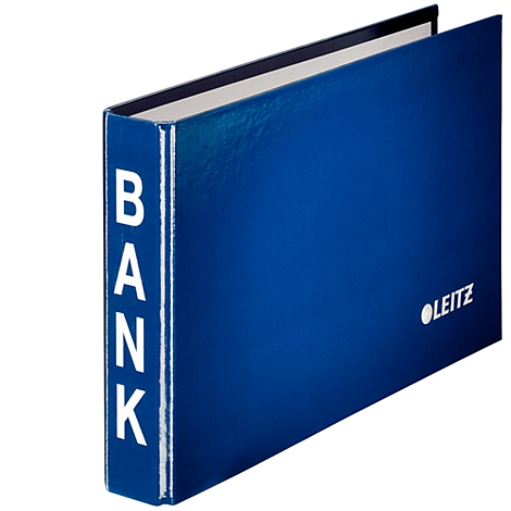 Blue file folder with white lettering "BANK" and the Leitz logo. The open book is diagonal, the inside pages are white.
