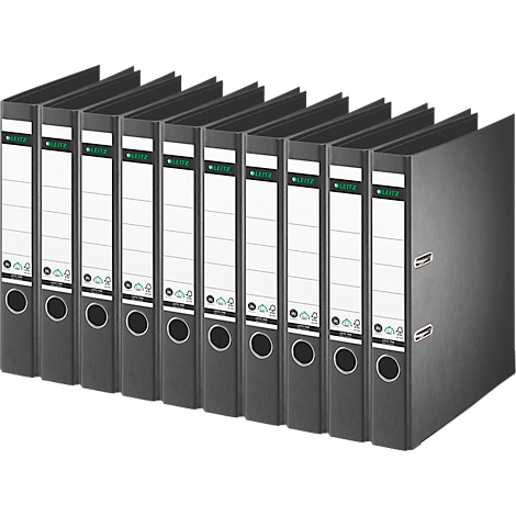 Row of black ring binders with white labels, stacked. The word "Leitz" is visible on the spines.