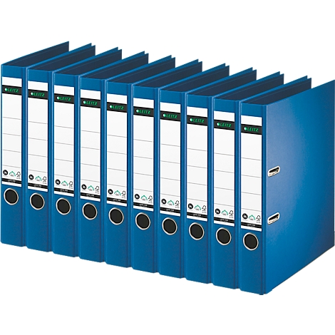 Rows of blue binders with white labels, with lettering and black rings.