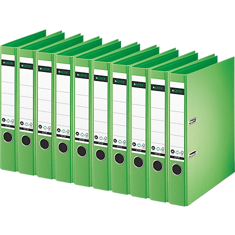 Green file folders, row, with labels and logo. A row of folders stands slightly askew.