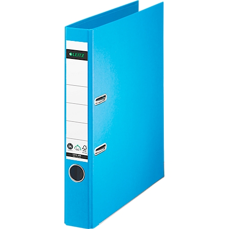 Light blue binder with white label field and LEITZ logo. Contains metal clamping devices.